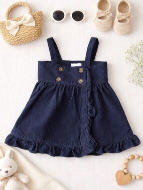 Ralph Lauren Baby Girl Corduroy Ruffle Dress 9M Navy Blue Button Front Boho